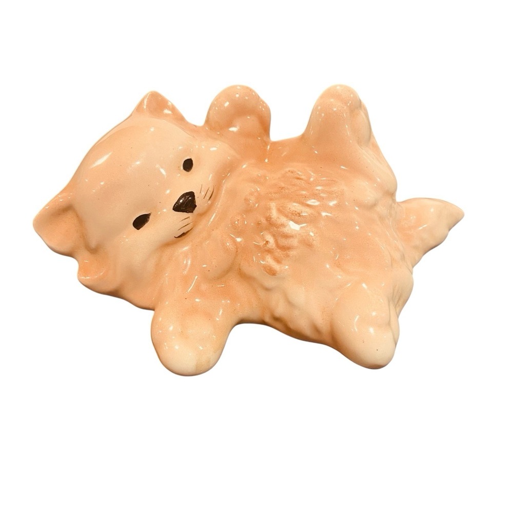 1980's Vintage 5" Playful White Pink Kitty Cat On Back Kitten Ceramic Figurine